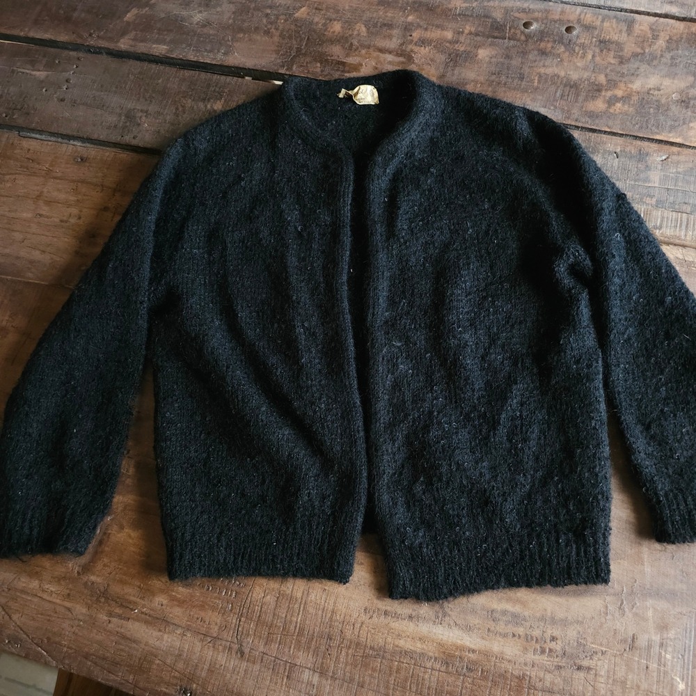 Vintage Brownie Creation Black Fuzzy Mohair Knit Cardigan Sweater 1950s MCM